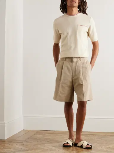 Loro Piana Joetsu Wide-Leg Pleated Cotton and Linen-Blend Twill Shorts - Men | Thumbnail 2 Loro Piana Joetsu Wide-Leg Pleated Cotton and Linen-Blend Twill Shorts - Men | Thumbnail 2