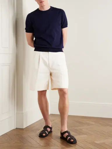 Loro Piana Joetsu Wide-Leg Pleated Cotton and Linen-Blend Twill Shorts - Men | Thumbnail 2 Loro Piana Joetsu Wide-Leg Pleated Cotton and Linen-Blend Twill Shorts - Men | Thumbnail 2