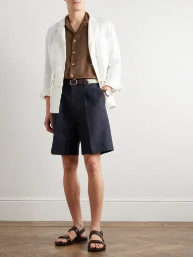 Loro Piana Joetsu Straight-Leg Pleated Cotton and Linen-Blend Twill Bermuda Shorts - Men | Thumbnail 2