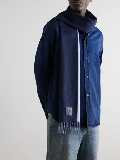 Loewe Logo-Appliquéd Fringed Wool and Cashmere-Blend Scarf - Men | Thumbnail 2 Loewe Logo-Appliquéd Fringed Wool and Cashmere-Blend Scarf - Men | Thumbnail 2