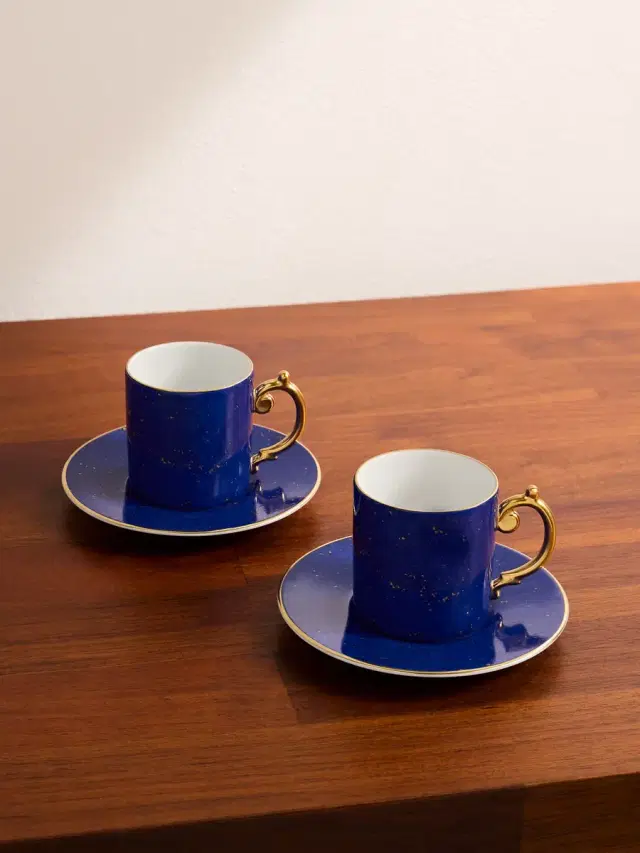 L'Objet Lapis Set of Two Gold-Plated Porcelain Espresso Cups and Saucers - Men