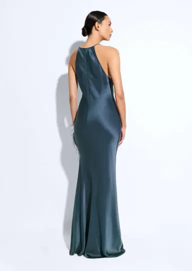 Lapointe Satin Halter Gown With Feathers | Thumbnail 2 Lapointe Satin Halter Gown With Feathers | Thumbnail 2
