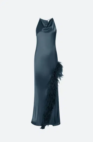 Lapointe Satin Halter Gown With Feathers | Thumbnail 4 Lapointe Satin Halter Gown With Feathers | Thumbnail 4