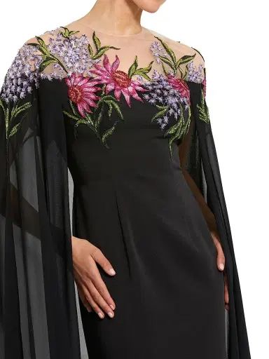 Mac Duggal Women's Beaded Crepe Cape Gown - Black Multi | Thumbnail 3