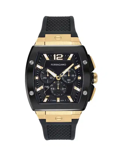 FERRAGAMO Men's F-80 Tonneau Goldtone Stainless Steel & Silicone Chrono Watch/41.8MM - Black | Thumbnail 1