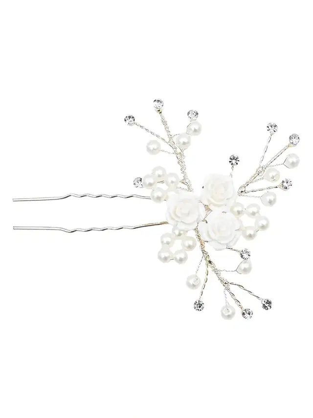 Tulleen Rhinestone Pearl Rose Hair Pin - Silver