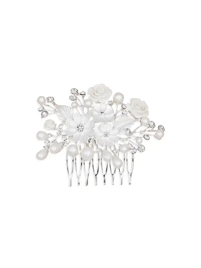 Tulleen Rhinestone Pearl and Floral Hair Comb - Silver