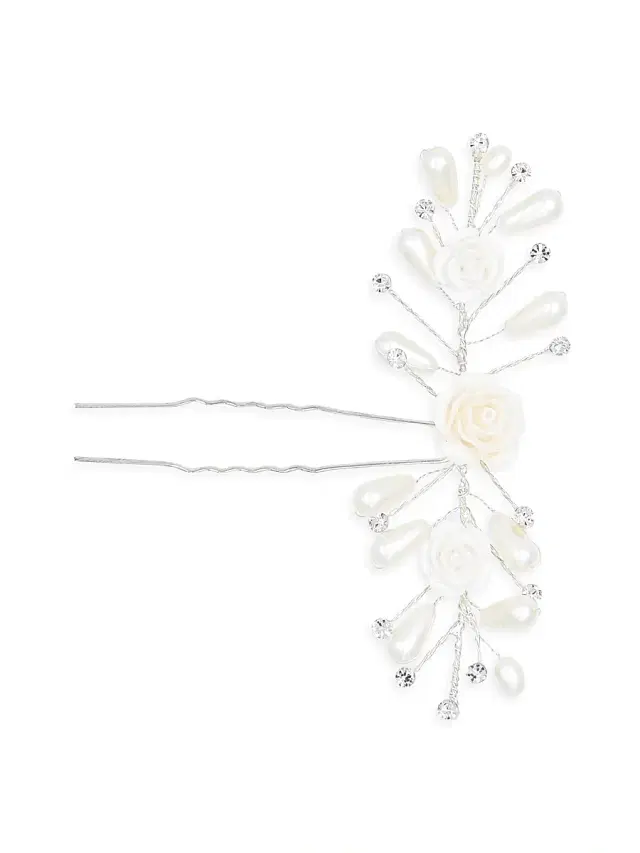 Tulleen Rhinestone Pearl and Rose Hair Pin - Silver