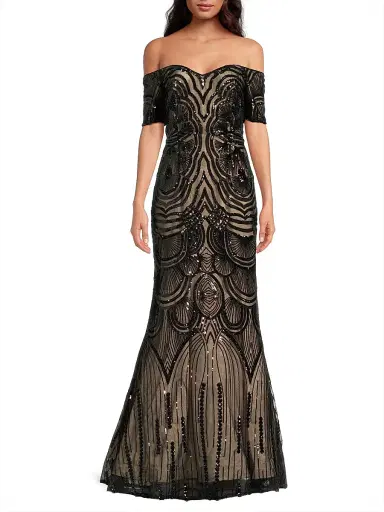 Shani Women's Sequined Short-Sleeve Gown - Black Beige - Size 12 | Thumbnail 3 Shani Women's Sequined Short-Sleeve Gown - Black Beige - Size 12 | Thumbnail 3