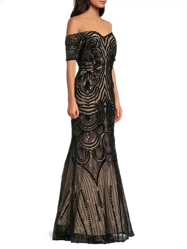 Shani Women's Sequined Short-Sleeve Gown - Black Beige - Size 12 | Thumbnail 4 Shani Women's Sequined Short-Sleeve Gown - Black Beige - Size 12 | Thumbnail 4