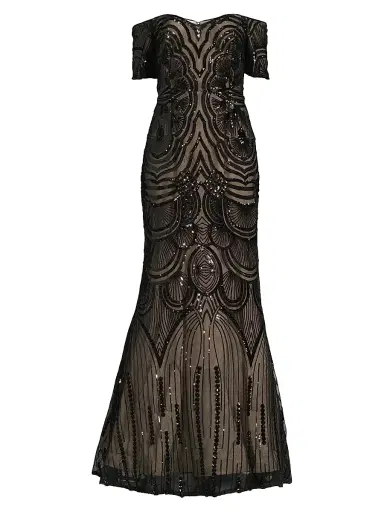 Shani Women's Sequined Short-Sleeve Gown - Black Beige - Size 12 | Thumbnail 1 Shani Women's Sequined Short-Sleeve Gown - Black Beige - Size 12 | Thumbnail 1