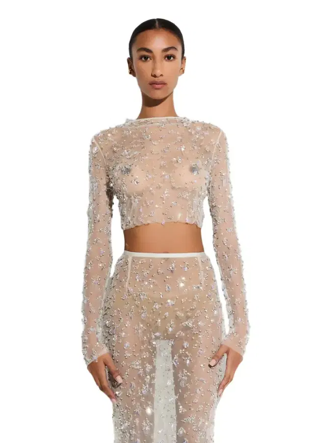 LAPOINTE Embroidered Mesh Cropped Top