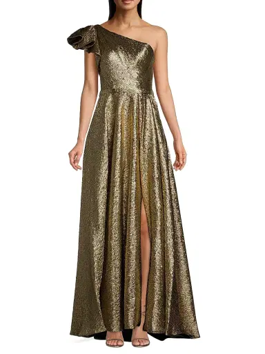 Mac Duggal Women's Asymmetric Metallic Pleated Ball Gown | Thumbnail 2 Mac Duggal Women's Asymmetric Metallic Pleated Ball Gown | Thumbnail 2