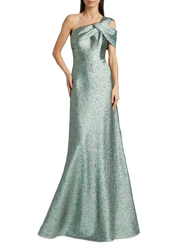 Teri Jon by Rickie Freeman Women's Metallic Jacquard One-Shoulder Gown - Mint Gold - Size 12 | Thumbnail 2 Teri Jon by Rickie Freeman Women's Metallic Jacquard One-Shoulder Gown - Mint Gold - Size 12 | Thumbnail 2