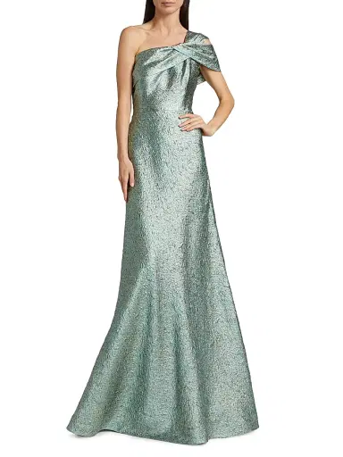 Teri Jon by Rickie Freeman Women's Metallic Jacquard One-Shoulder Gown - Mint Gold - Size 12 | Thumbnail 3 Teri Jon by Rickie Freeman Women's Metallic Jacquard One-Shoulder Gown - Mint Gold - Size 12 | Thumbnail 3