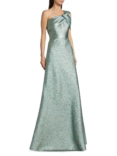 Teri Jon by Rickie Freeman Women's Metallic Jacquard One-Shoulder Gown - Mint Gold - Size 12 | Thumbnail 4 Teri Jon by Rickie Freeman Women's Metallic Jacquard One-Shoulder Gown - Mint Gold - Size 12 | Thumbnail 4