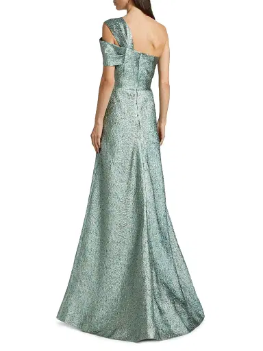 Teri Jon by Rickie Freeman Women's Metallic Jacquard One-Shoulder Gown - Mint Gold - Size 12 | Thumbnail 5 Teri Jon by Rickie Freeman Women's Metallic Jacquard One-Shoulder Gown - Mint Gold - Size 12 | Thumbnail 5