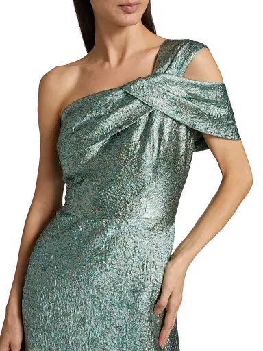 Teri Jon by Rickie Freeman Women's Metallic Jacquard One-Shoulder Gown - Mint Gold - Size 12 | Thumbnail 6 Teri Jon by Rickie Freeman Women's Metallic Jacquard One-Shoulder Gown - Mint Gold - Size 12 | Thumbnail 6