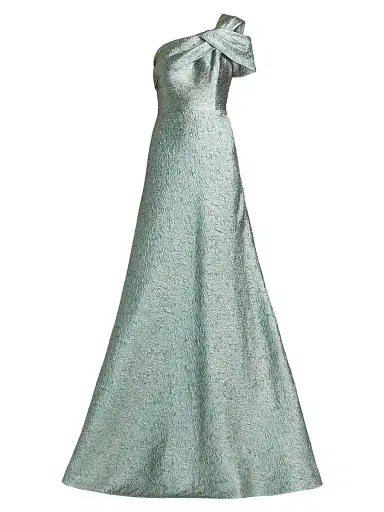 Teri Jon by Rickie Freeman Women's Metallic Jacquard One-Shoulder Gown - Mint Gold - Size 12 | Thumbnail 1 Teri Jon by Rickie Freeman Women's Metallic Jacquard One-Shoulder Gown - Mint Gold - Size 12 | Thumbnail 1