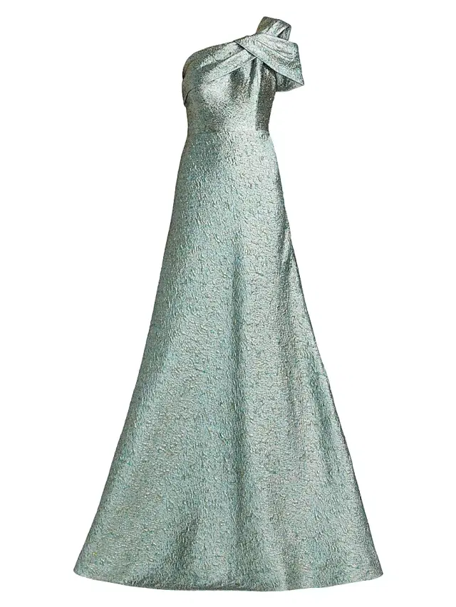 Teri Jon by Rickie Freeman Women's Metallic Jacquard One-Shoulder Gown - Mint Gold