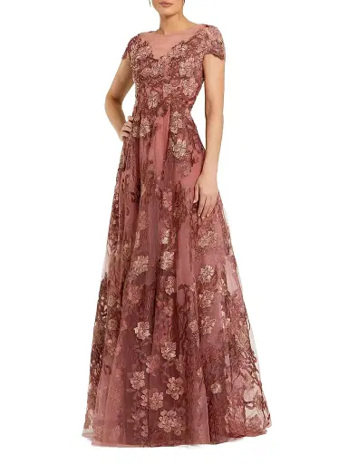 Mac Duggal Women's Cap-Sleeve Floral A-Line Gown - Cinnamon - Size 16 | Thumbnail 1