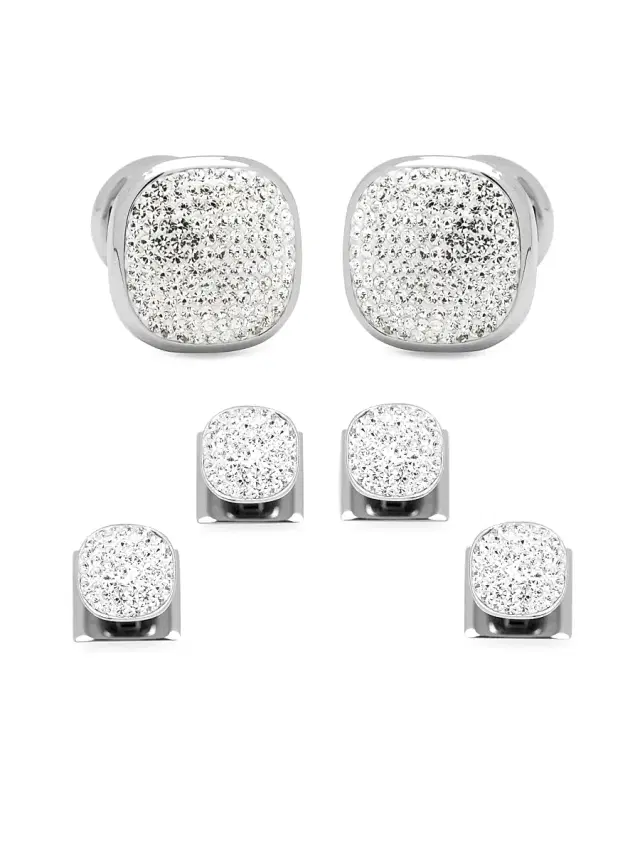 Men's Pavé Crystal and Stainless Steel Cufflinks - Silver
