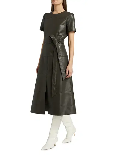 TANYA TAYLOR Women's Ella Faux Leather Belted Midi-Dress - Deep Army - Size 2 | Thumbnail 2 TANYA TAYLOR Women's Ella Faux Leather Belted Midi-Dress - Deep Army - Size 2 | Thumbnail 2