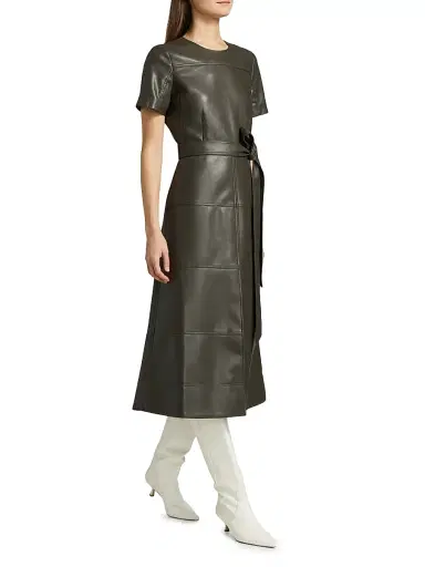 TANYA TAYLOR Women's Ella Faux Leather Belted Midi-Dress - Deep Army - Size 2 | Thumbnail 4 TANYA TAYLOR Women's Ella Faux Leather Belted Midi-Dress - Deep Army - Size 2 | Thumbnail 4