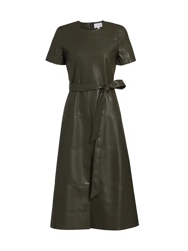 Women's Ella Faux Leather Belted Midi-Dress - Deep Army