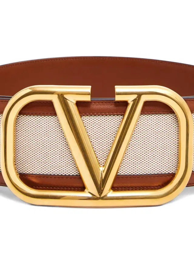 Women's VLogo Canvas Leather Belt - Beige Brown