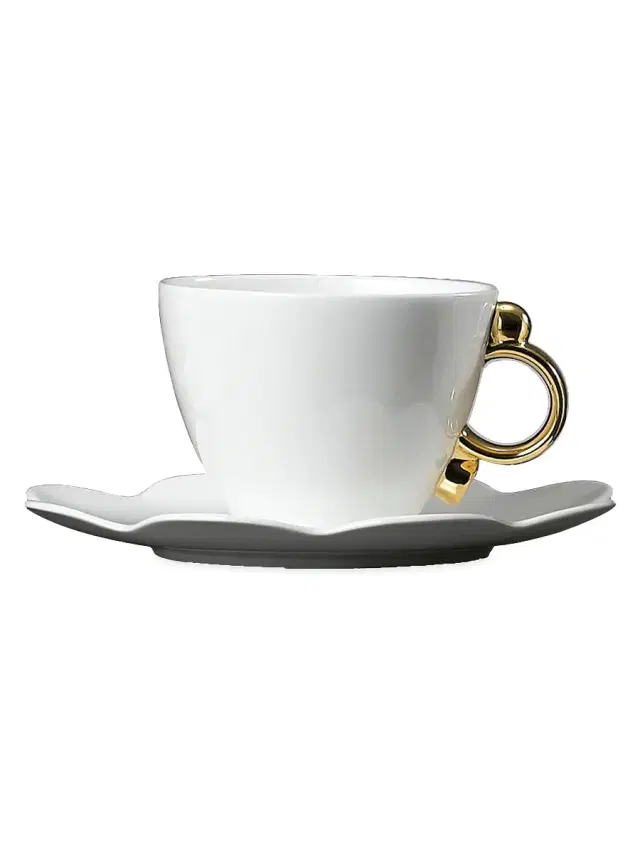 Geometrica Gold Rim 2-Piece Tea Cup & Saucer - Gold White