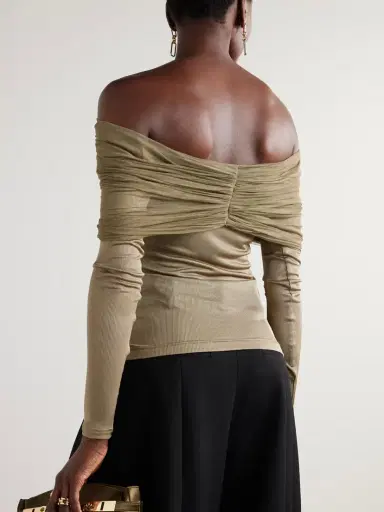 Christopher Esber Veiled Draped Off-the-shoulder Ribbed Jersey And Silk-tulle Top | Thumbnail 3