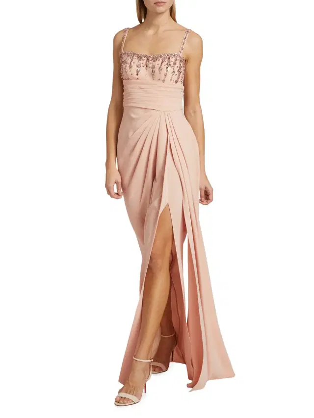 Women's Draped Beaded Column Gown - Cream Tan Women's Draped Beaded Column Gown - Cream Tan