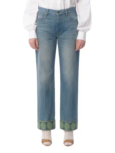 Valentino Garavani Women's Denim Trousers with Jacquard Trims - Denim | Thumbnail 3