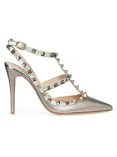 Valentino Garavani Women's Rockstud Metallic Ankle Strap Pumps 100 MM - Silver | Thumbnail 1 Valentino Garavani Women's Rockstud Metallic Ankle Strap Pumps 100 MM - Silver | Thumbnail 1