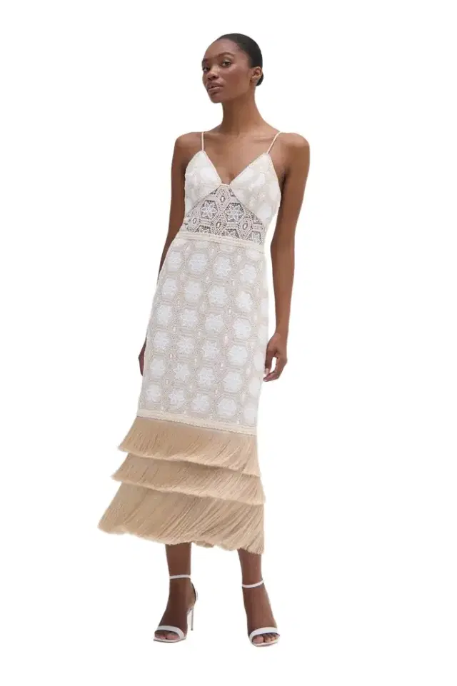 PatBo NATURAL CROCHET PLUNGE MIDI DRESS