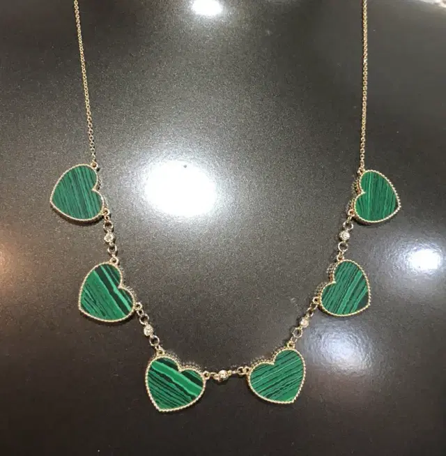 0.10ct Diamond 14k Gold Malachitte Hearts Necklace