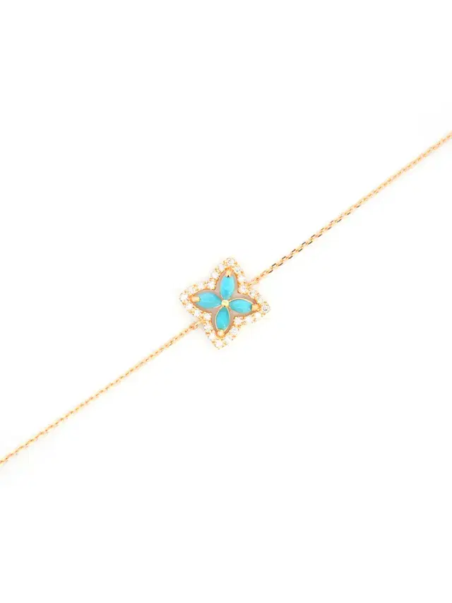 Wish Fine Jewelry 0.29ct Diamond Turquoise 18K Gold Flower Chain Bracelet