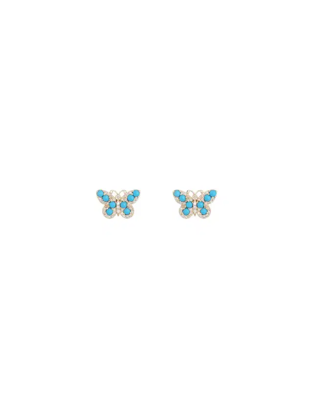 0.68ct Diamond Turquoise 14K Gold Butterfly Stud Earrings