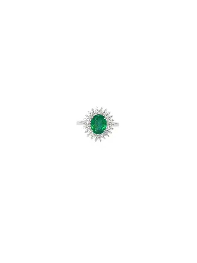 1.42ct Diamond Emerald 18K Gold Sunburst Ring