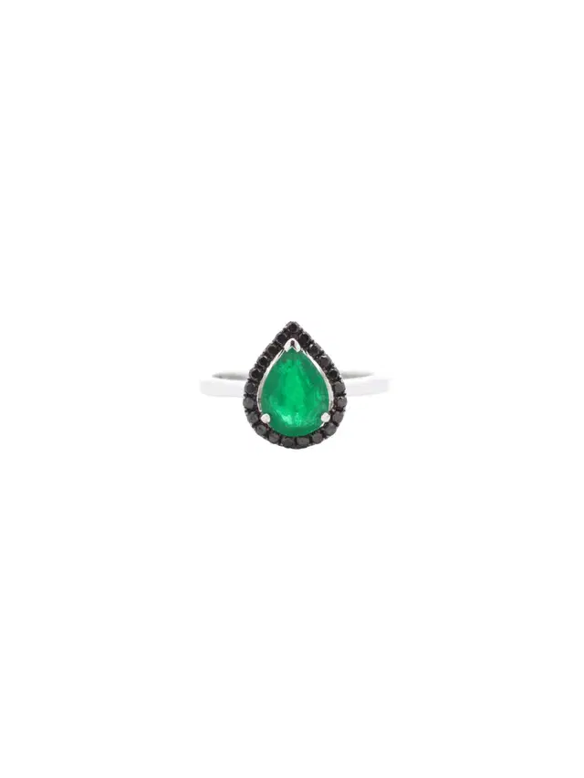 Wish Fine Jewelry 1.75ct Black Diamond Emerald 18K Gold Pear Halo Ring