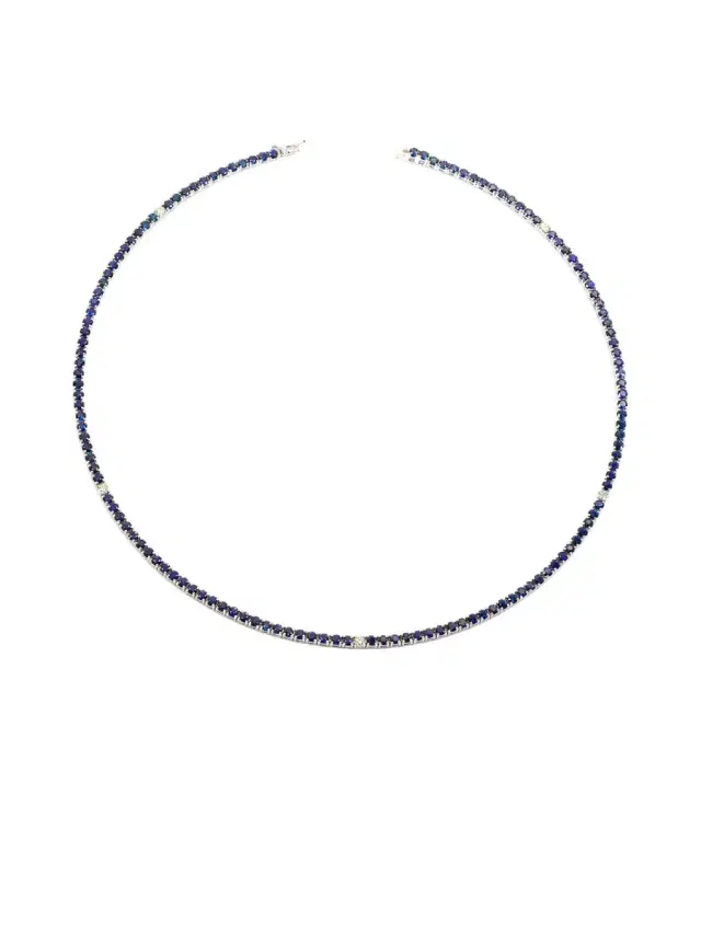 14.68ct Blue Sapphire Diamond 14K Gold Tennis Necklace
