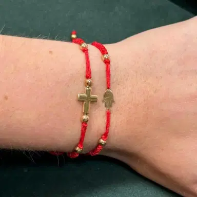 Wish Fine Jewelry 14KY Gold small puft cross on bronze macrame string | Thumbnail 2
