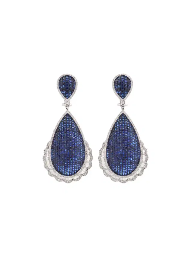 Wish Fine Jewelry 16.46ct Blue Sapphire Diamond 18K Gold Statement Dangle Earrings