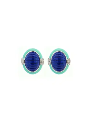 Wish Fine Jewelry 18.45ct Diamond Turquoise 14K Gold Carved Enamel Earrings | Thumbnail 1