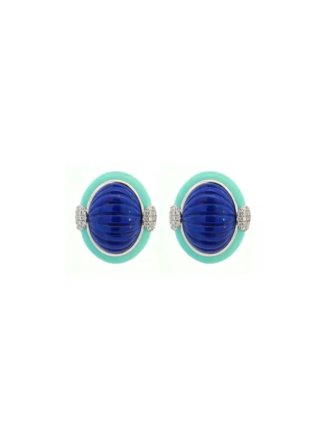 Wish Fine Jewelry 18.45ct Diamond Turquoise 14K Gold Carved Enamel Earrings