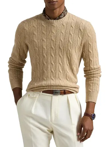 Polo Ralph Lauren Men's The Iconic Cable-Knit Cashmere Sweater - Dune Melange - Size XXL | Thumbnail 3