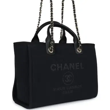 Chanel Chanel Small Deauville Shopping Tote Black Canvas Light Gold Hardware | Thumbnail 3 Chanel Chanel Small Deauville Shopping Tote Black Canvas Light Gold Hardware | Thumbnail 3