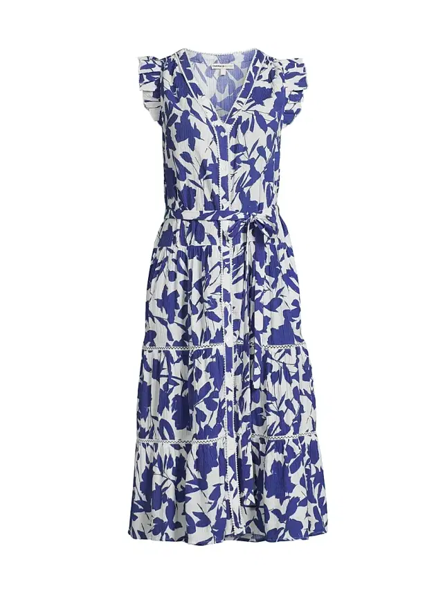 Change of Scenery Women's Emily Leaf Cotton Tie-Waist Shirtdress - Moraea Garden - Size Medium