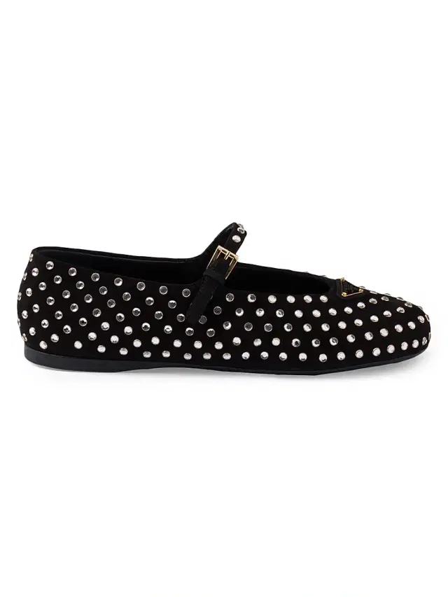 Women's Suede Ballerinas with Crystals - Black